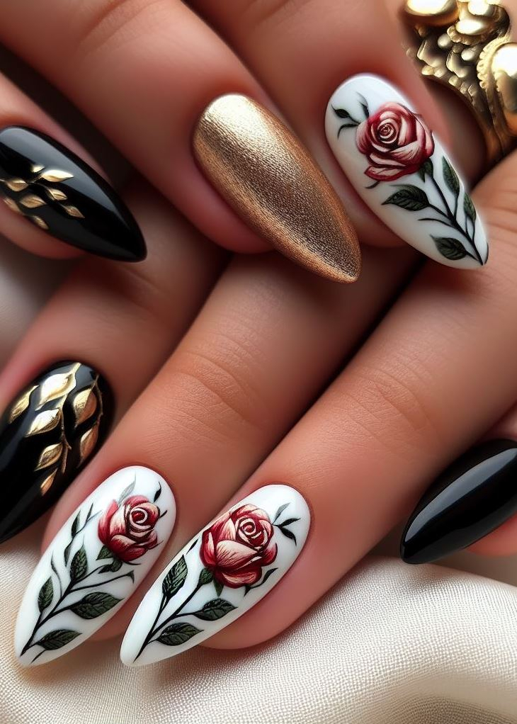 Skip the Boring! Stunning Rose Nail Art Ideas | Pocoko Midnight Flor y Calavera: Black and white flowers complement the background color without overpowering it. A chic and simple design that channels elegance.