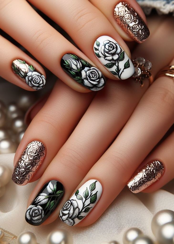 Skip the Boring! Stunning Rose Nail Art Ideas | Pocoko Monochrome Petal Poetry: Imagine a piano keyboard transformed into nail art—black and white keys playing a harmonious tune. Each nail features a delicate rose, petals painted in grayscale gradients. A poetic ode to elegance!