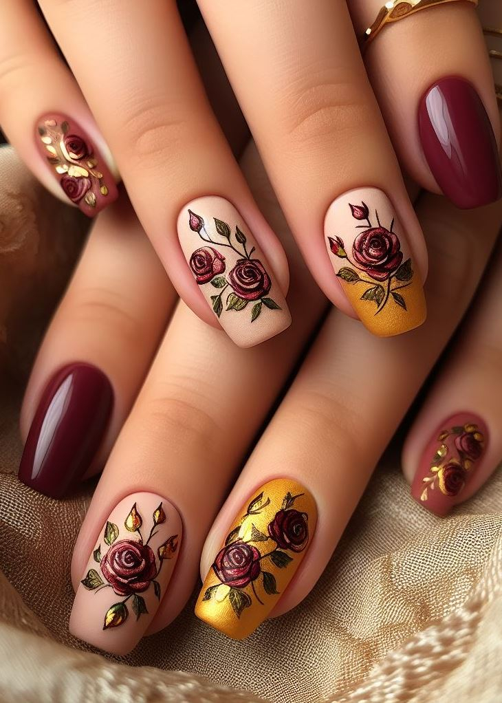 Skip the Boring! Stunning Rose Nail Art Ideas | Pocoko 🌹 When crimson meets gold, magic happens! These rose-inspired nails blend fiery reds with gilded accents, creating a regal and captivating look. Perfect for date nights or when you want to feel like royalty. 💅✨