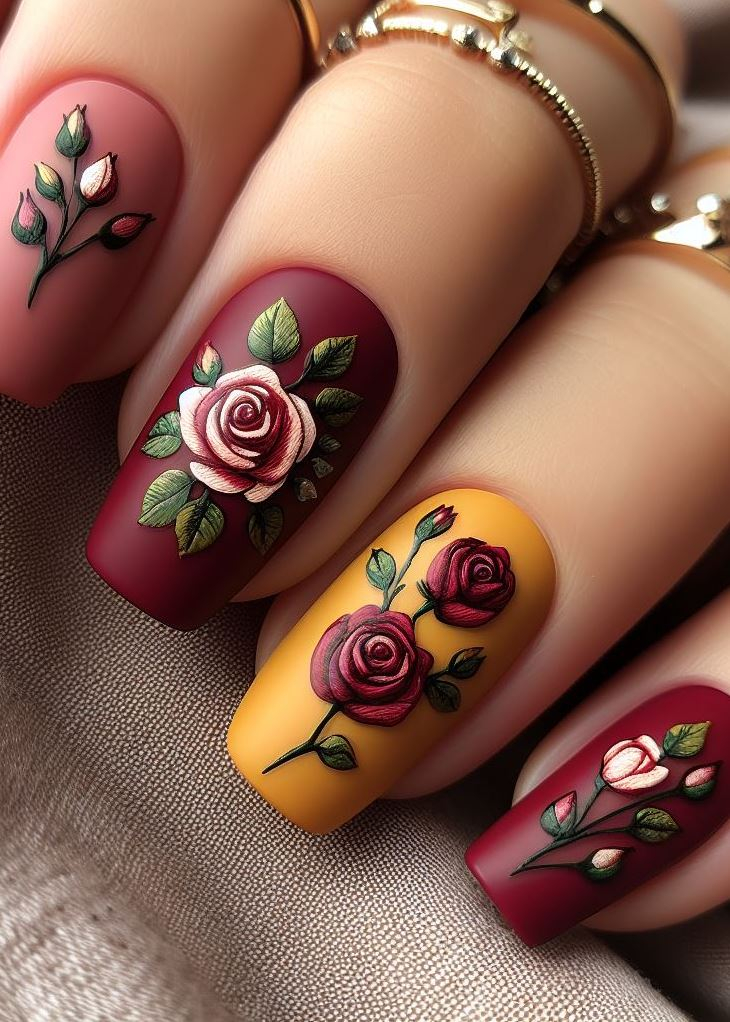 Skip the Boring! Stunning Rose Nail Art Ideas | Pocoko 🌟 Roses aren’t just for bouquets! These golden-hued nails feature delicate crimson petals, as if a garden fairy brushed her magic across your fingertips. Channel your inner enchantress with this elegant nail art. 🌹🧚♀️