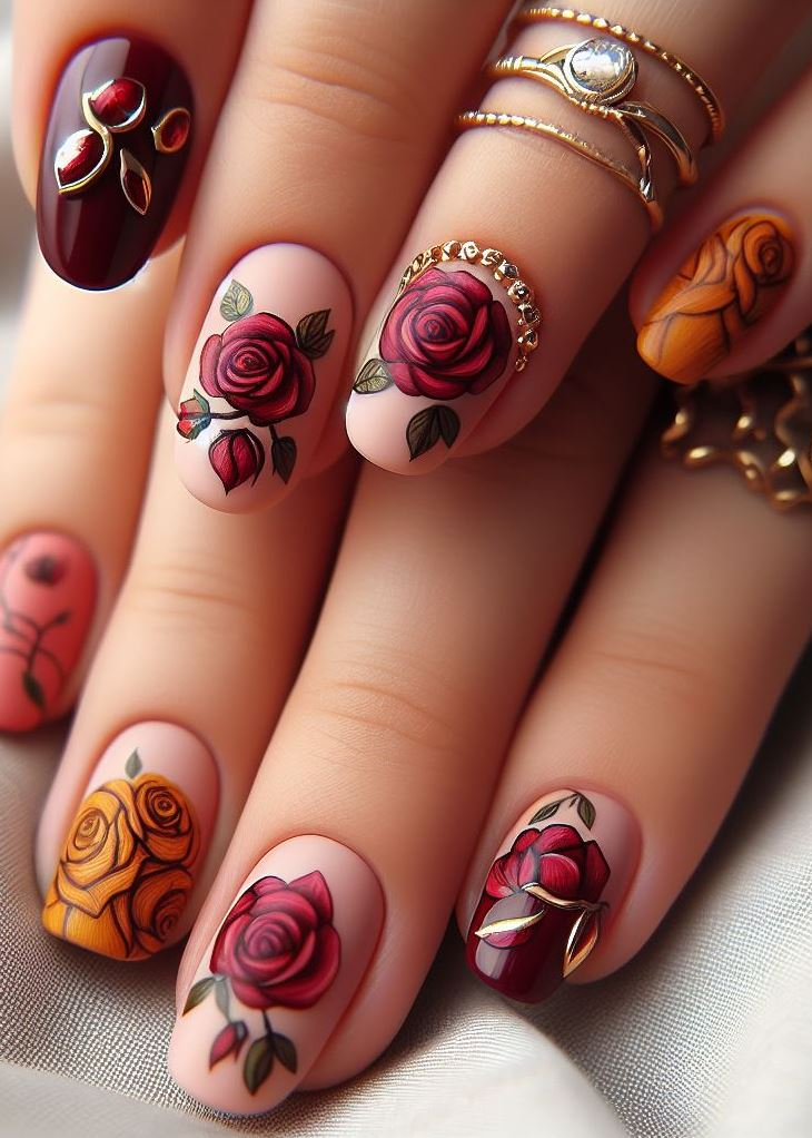 Skip the Boring! Stunning Rose Nail Art Ideas | Pocoko 💄 Red lips? Nah, we’re all about red nails! Picture this: deep crimson nails adorned with tiny golden leaves, like autumn kissed by the sun. It’s sophistication with a twist—just like your favorite vintage wine. 🍷💅