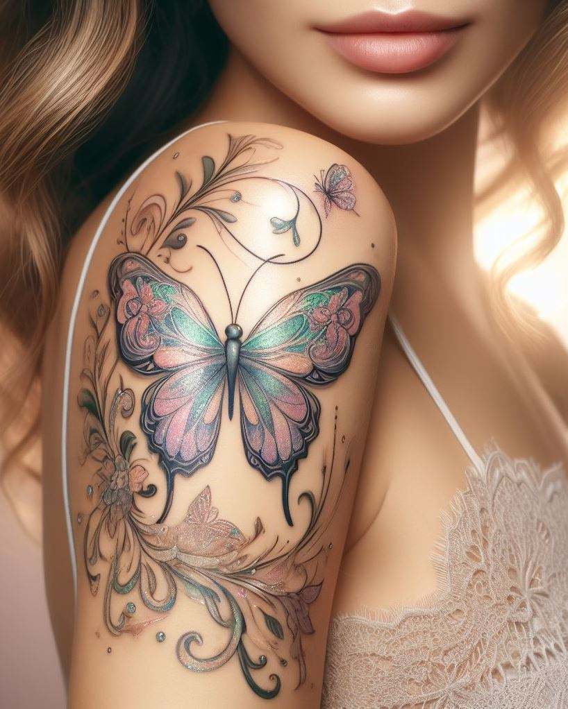 Ink Magic: Channel your inner fairy with a delicate butterfly tattoo, its wings adorned in iridescent hues. Let this enchanting ink flutter across your skin like a secret whispered by the wind.
