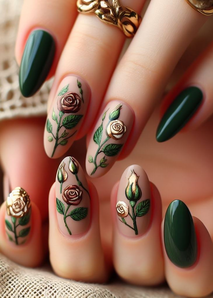 Skip the Boring! Stunning Rose Nail Art Ideas | Pocoko When emerald meets gold, enchantment blooms! These rose-inspired nails blend lush green hues with gilded accents, creating a botanical masterpiece on your fingertips. Perfect for garden parties or when you want to channel your inner forest nymph.