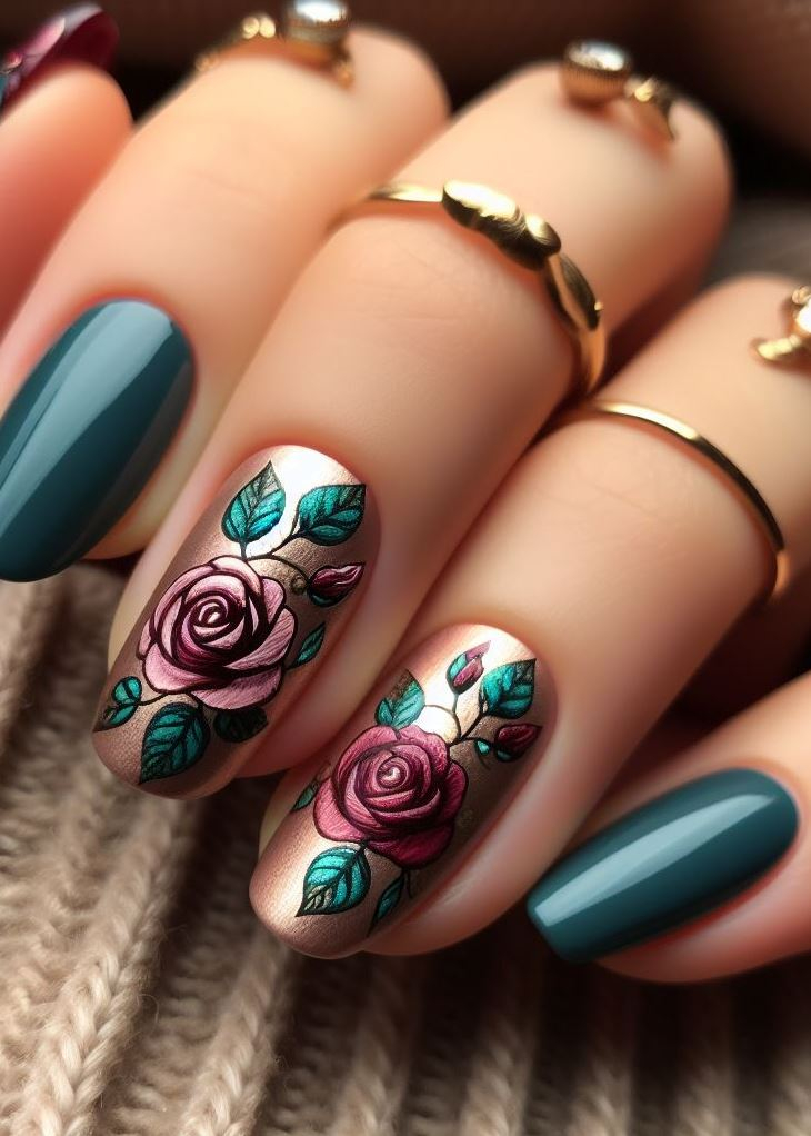 Skip the Boring! Stunning Rose Nail Art Ideas | Pocoko Roses in the rainforest? Absolutely! These deep green nails, adorned with delicate golden vines, evoke the lushness of tropical flora. Imagine sipping a piña colada surrounded by exotic blooms. Cheers to paradise!