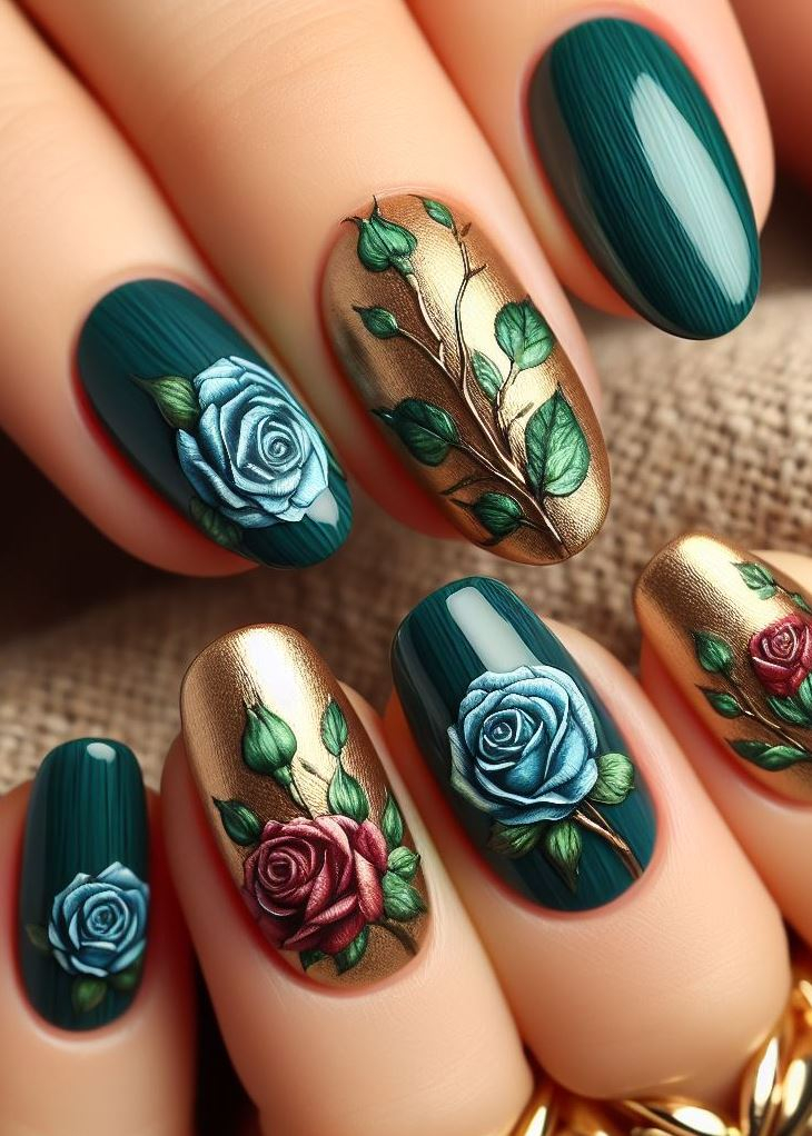 Skip the Boring! Stunning Rose Nail Art Ideas | Pocoko Green French tips get a celestial upgrade with golden moon and star details. It’s like stargazing in a rose garden, where constellations bloom alongside petals. Nail art that’s out of this world!