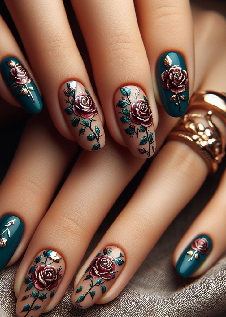 Skip the Boring! Stunning Rose Nail Art Ideas | Pocoko Textured gold glitters dance across pistachio green nails, creating a playful yet elegant look. Picture a sun-kissed picnic amidst blooming roses, where laughter and petals swirl in harmony.