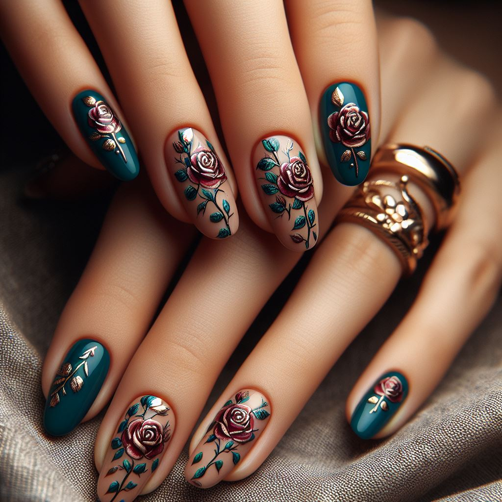 Skip the Boring! Stunning Rose Nail Art Ideas | Pocoko Green and Gold Rose Nail Art Ideas Cover