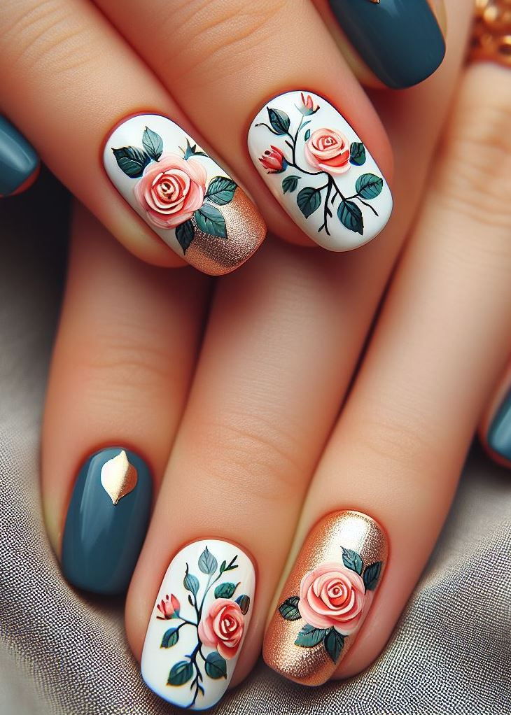 Skip the Boring! Stunning Rose Nail Art Ideas | Pocoko 💚 Marbled green nails meet golden foil accents—a fusion of earth and sun. These nails tell a story of balance: the grounding energy of green meets the radiant glow of gold. Wear them proudly, nature’s ambassador.