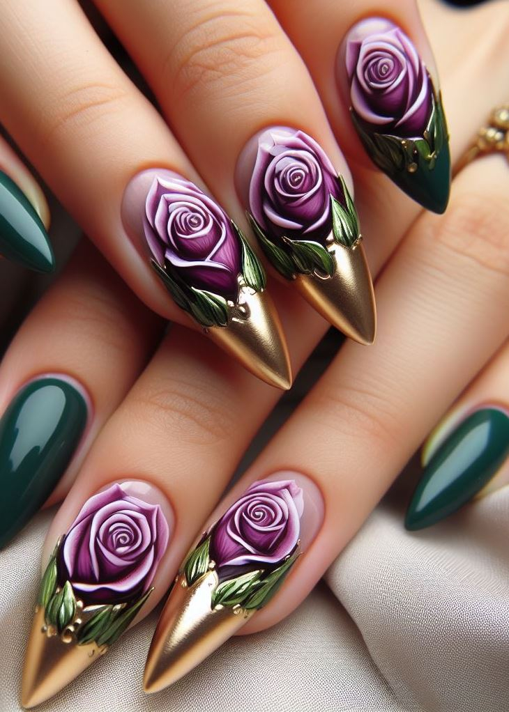 Skip the Boring! Stunning Rose Nail Art Ideas | Pocoko Emerald elegance! These rose-inspired nails feature intricate gold detailing, as if dewdrops caught the morning sun. Whether you’re attending a garden wedding or simply sipping herbal tea, let your nails bloom. 🌹