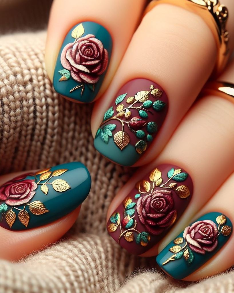 Skip the Boring! Stunning Rose Nail Art Ideas | Pocoko Feeling regal? These marbled green nails adorned with vibrant gold foil detailing are fit for a queen. Picture sipping tea in a sunlit palace garden, surrounded by blooming roses. Let your manicure tell a tale of opulence and elegance.