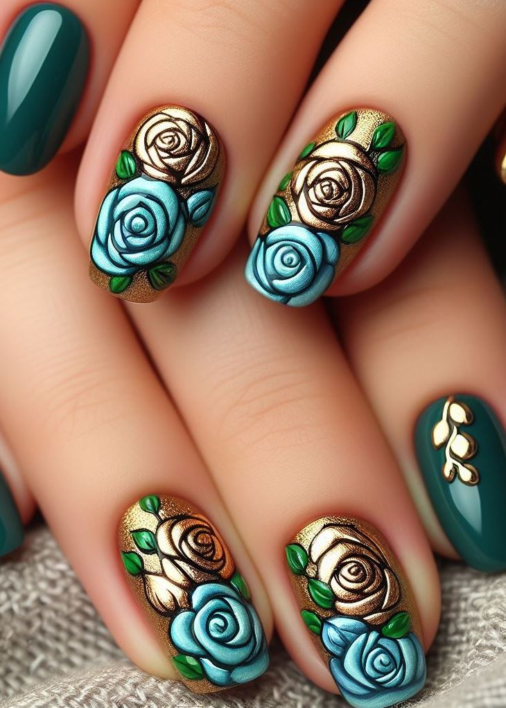 Skip the Boring! Stunning Rose Nail Art Ideas | Pocoko Gold mandala art dances across matcha green nails, creating a harmonious fusion of earthy tones and celestial vibes. It’s like wearing a secret garden on your fingertips—subtle, mysterious, and utterly captivating.