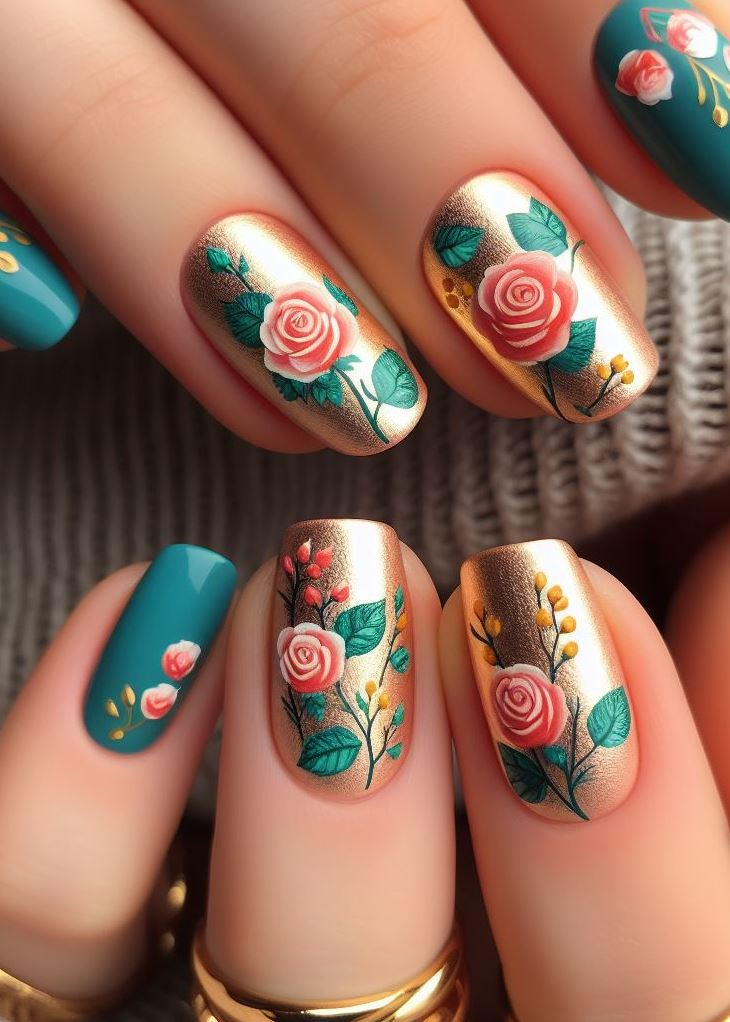 Skip the Boring! Stunning Rose Nail Art Ideas | Pocoko Roses aren’t just red; they’re green and golden too! These geometric green French tips, sprinkled with little golden stars and hearts, redefine classic elegance. Nail art that whispers sophistication with a playful twist.