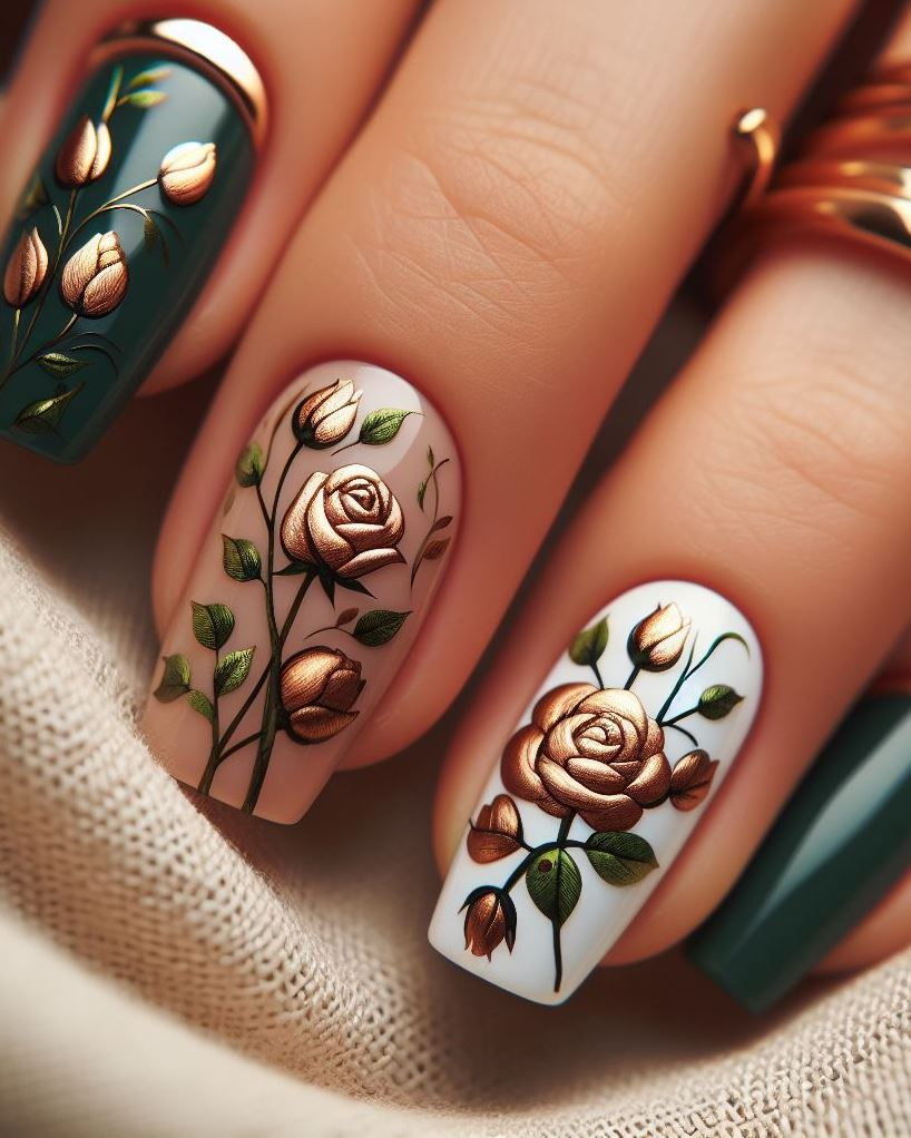 Skip the Boring! Stunning Rose Nail Art Ideas | Pocoko Gemstone effect meets white nails, and the result? Pure magic! Imagine vibrant green and golden chunks swirling together, like ancient treasures hidden in a mystical forest. Your nails? The ultimate gem. 💎🌿