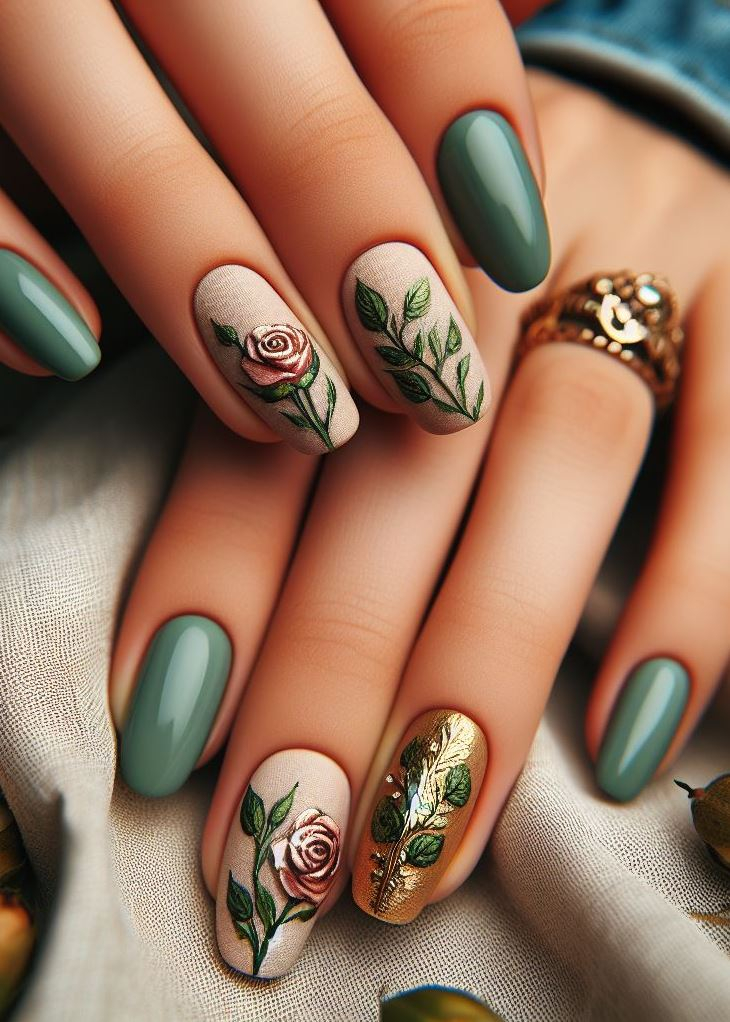 Skip the Boring! Stunning Rose Nail Art Ideas | Pocoko 🍀 Irish luck meets glam! These textured gold glitter nails on accent green bases are a pot of nail art gold. Whether you’re celebrating St. Patrick’s Day or simply feeling whimsical, these nails will make you the envy of leprechauns.