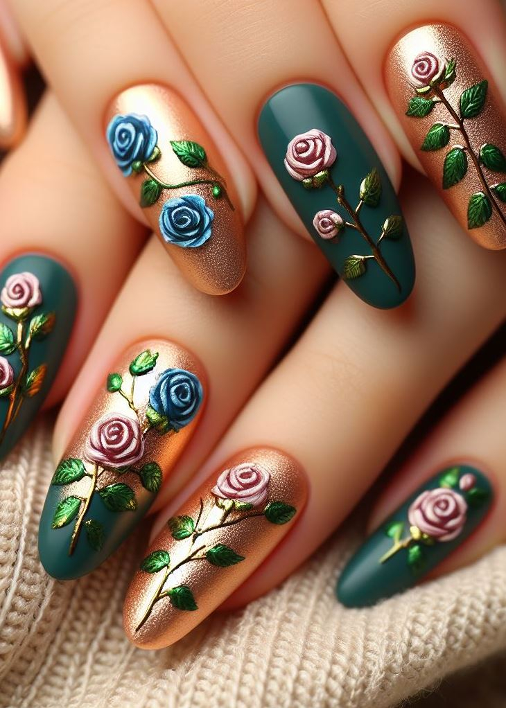 Skip the Boring! Stunning Rose Nail Art Ideas | Pocoko Ever wondered how Mother Nature does her nails? Look no further! These long square nails, adorned with subtle rose gold accents, resemble dew-kissed leaves at dawn. A fresh take on floral elegance.