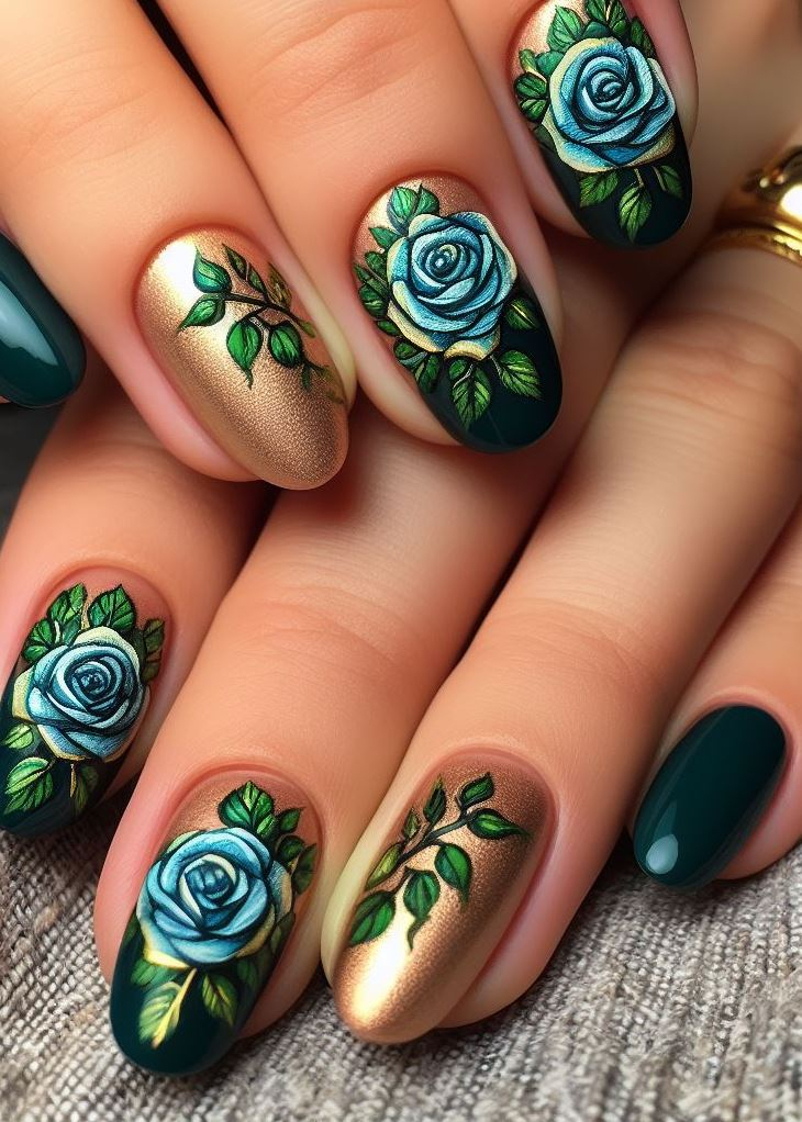 Skip the Boring! Stunning Rose Nail Art Ideas | Pocoko Channel your inner forest fairy with green nails kissed by golden butterflies. The delicate red accents add a touch of whimsy, as if the roses themselves decided to take flight. Flutter away, my lovely!
