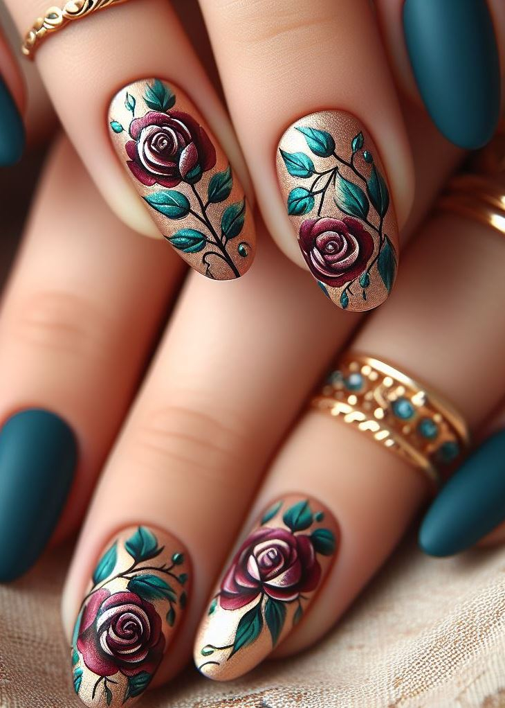 Skip the Boring! Stunning Rose Nail Art Ideas | Pocoko Minty fresh and golden bold! These nails combine mint green hues with intricate gold patterns, like ancient scrolls telling tales of love and enchantment. Wear them to your next enchanted ball or coffee date.