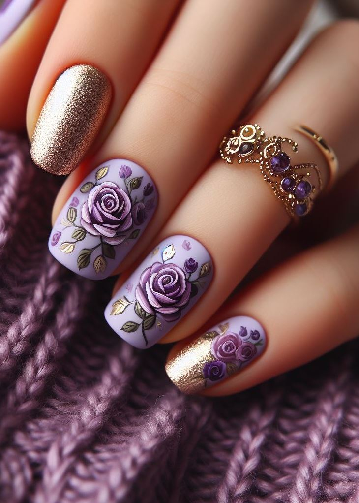 Skip the Boring! Stunning Rose Nail Art Ideas | Pocoko 💜 Lavender fields forever! These almond-shaped nails feature hand-painted white roses, like tiny love notes from nature. Whether you’re attending a wedding or simply daydreaming, let your nails tell a floral tale.