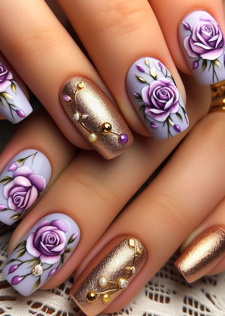 Skip the Boring! Stunning Rose Nail Art Ideas | Pocoko Yin and yang, but make it chic! On your long French nails, draw lavender and white roses with finesse. Add playful details like hearts and animal skin patterns. Voilà—a dreamy manicure that balances elegance and whimsy.