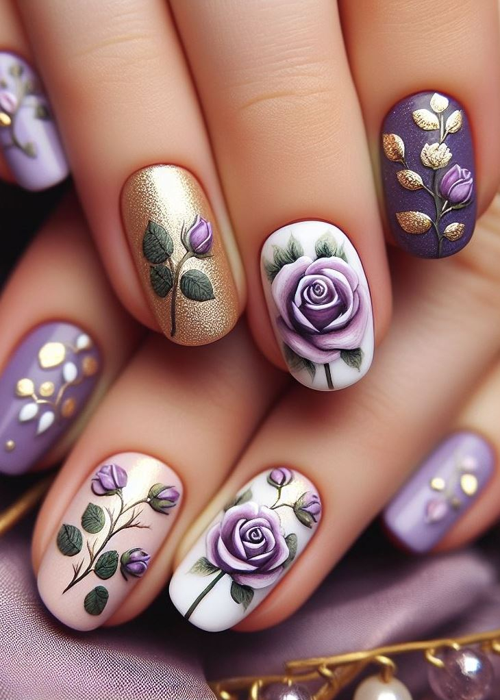 Skip the Boring! Stunning Rose Nail Art Ideas | Pocoko Pastel perfection! Imagine lilac skies and freshly fallen snow. These short pale pink nails adorned with white rose nail art stickers capture that ethereal beauty. Add a vertical silver line for a touch of sophistication.