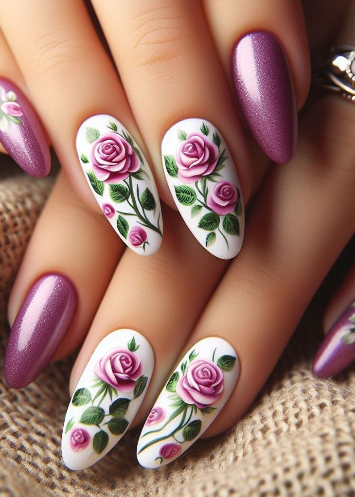 Skip the Boring! Stunning Rose Nail Art Ideas | Pocoko Roses whisper secrets, and these pointy nails spill the tea! The base color is pristine white, while pink roses with black contours steal the spotlight. Apply two or three roses per nail—subtle elegance with a twist. 🌹💅