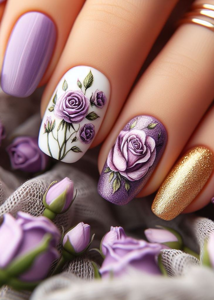 Skip the Boring! Stunning Rose Nail Art Ideas | Pocoko 💜 Mauve magic! On medium almond-shaped nails, recreate lavender rose nail art. Mix stickers, pale mauve polish, and rhinestones for an eye-catching masterpiece. Your fingertips deserve this floral treat.