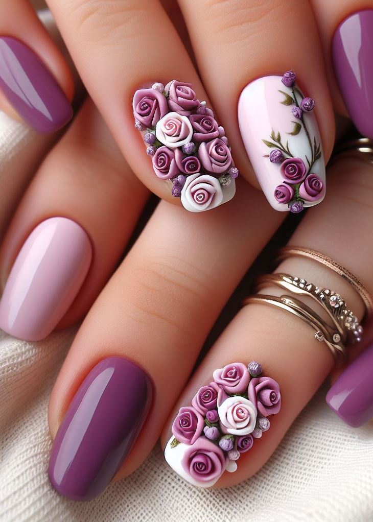 Skip the Boring! Stunning Rose Nail Art Ideas | Pocoko Roses in the moonlight! These square lavender nails feature delicate white blooms, as if dew-kissed under a starry sky. It’s elegance with a celestial twist—perfect for romantic evenings.