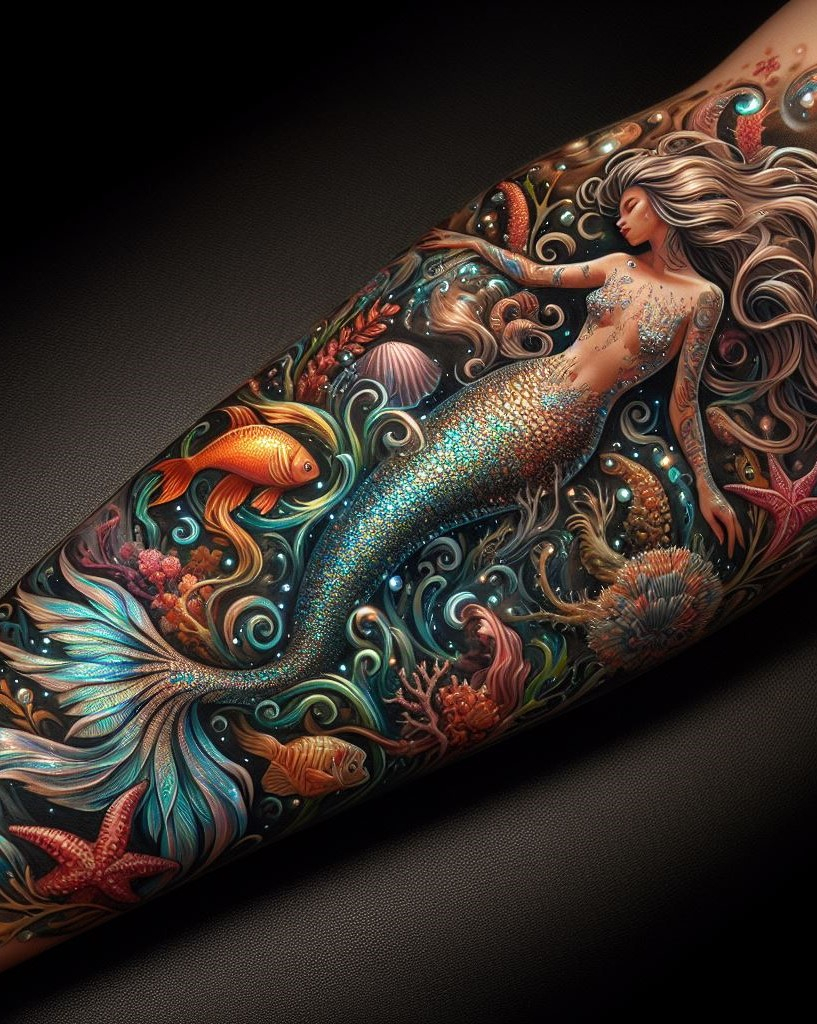 Channel your inner siren with a mermaid tattoo. Imagine scales shimmering like moonlit waves and seaweed tendrils dancing on skin.