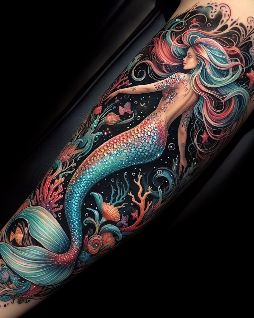 Celebrate femininity with a mermaid tattoo. She’s both fierce warrior and ethereal beauty.