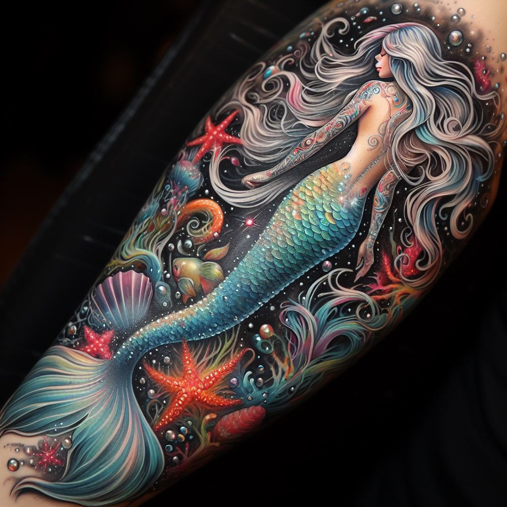 Tattoo inspiration: A mermaid rising from a stormy sea, her hair tangled with lightning.