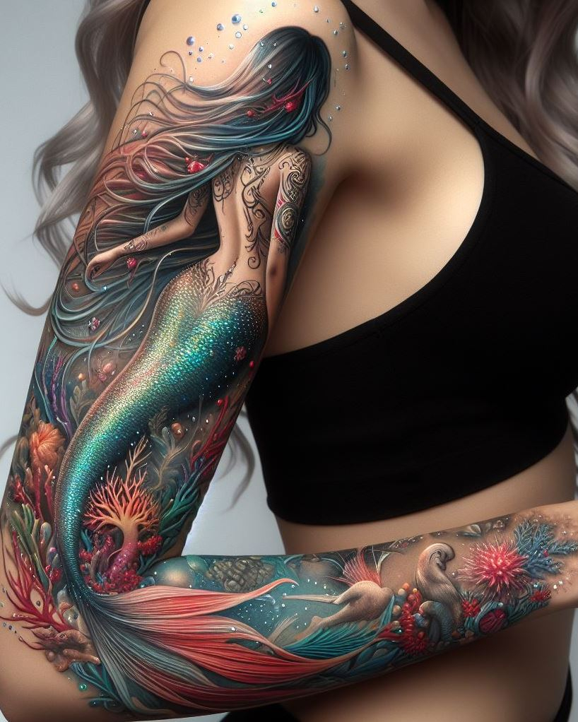 Ink your dreams with aquatic magic. A mermaid perched on a shipwreck, her tail swirling like a tempest.
