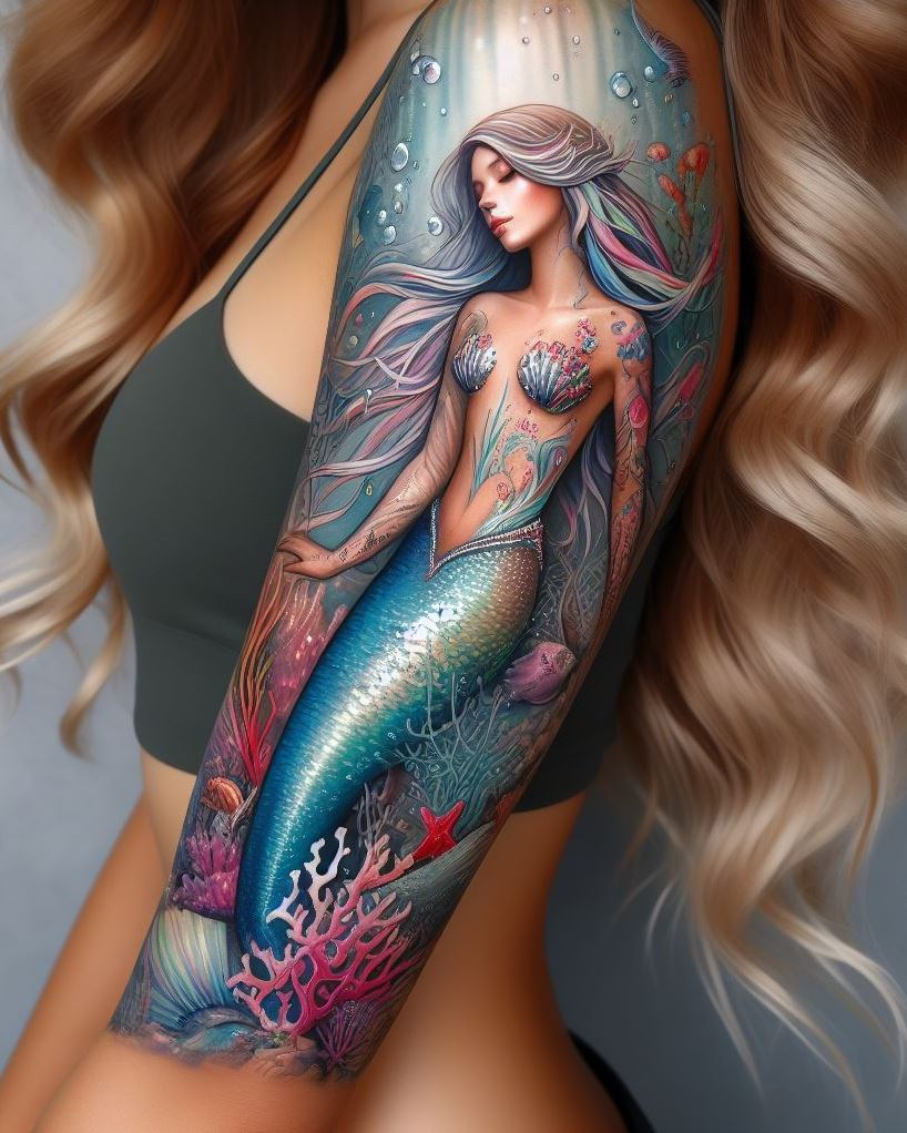 Mermaid folklore meets inked artistry. Picture Ariel’s rebellious spirit and Flounder’s mischievous grin.