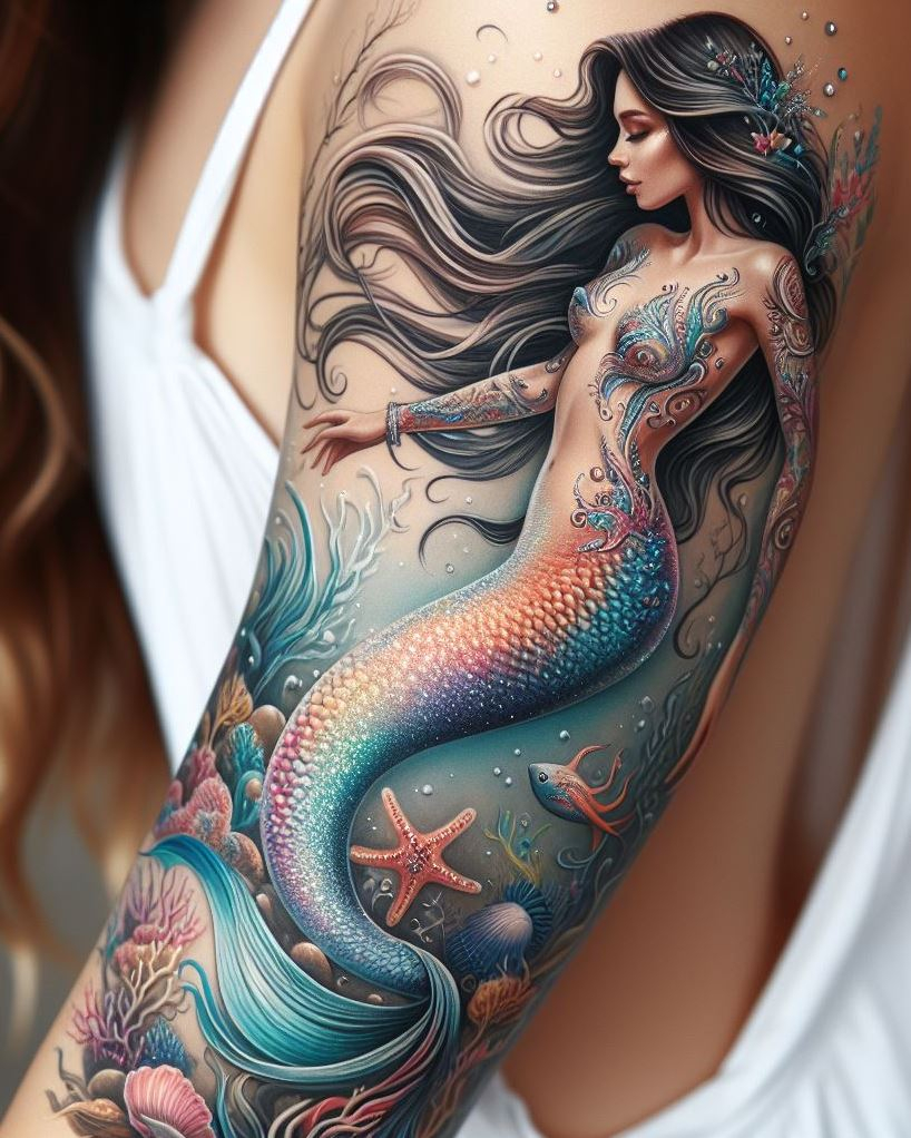 Tattoo idea: A mermaid holding a trident, ruling her underwater kingdom with grace and power.