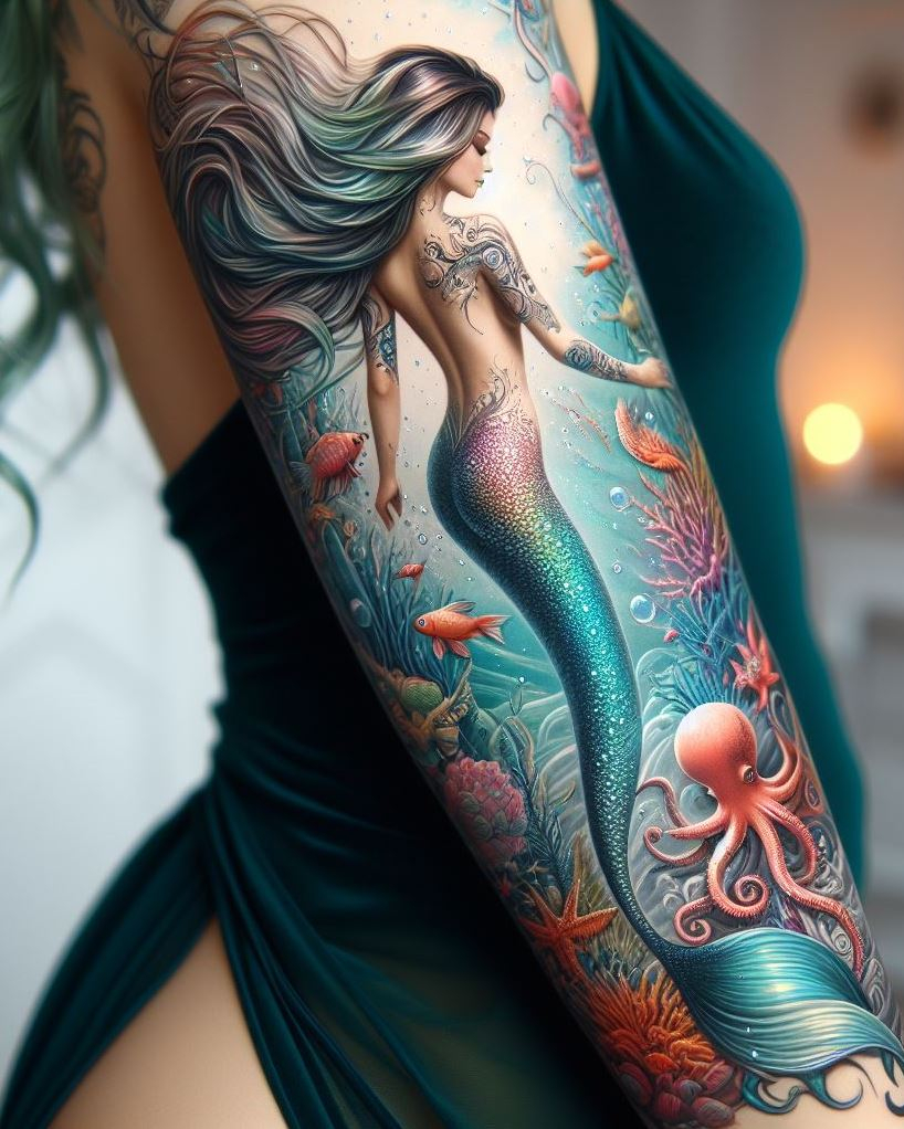 Mermaid queens with tails dipped in stardust. Their inked scales tell tales of shipwrecks and moonlit serenades.