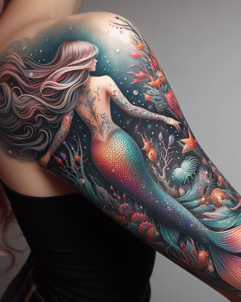 Sailor-style sirens with bold lines and vibrant colors. Because even mermaids need a little ink.