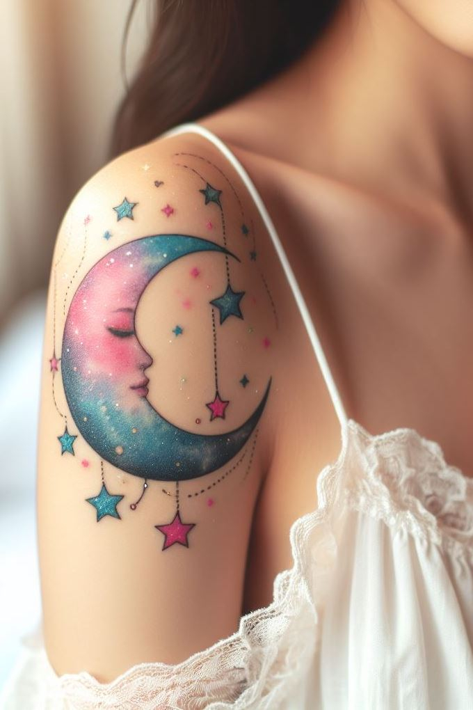 Ink your lunar muse: A moon-faced fairy with stardust freckles. Because celestial beauty deserves a canvas.
