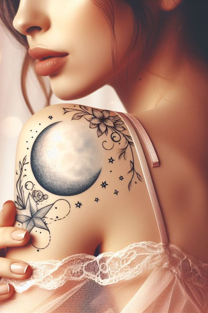 Celestial ink: A moon-faced sprite balancing on a crescent, trailing comet tails.