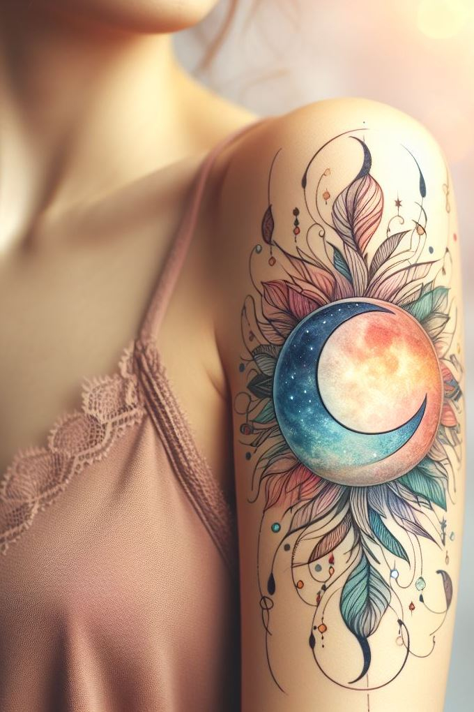 Tattoo magic: A crescent moon cradling a whimsical fairy. Their secrets whispered in moonbeams.