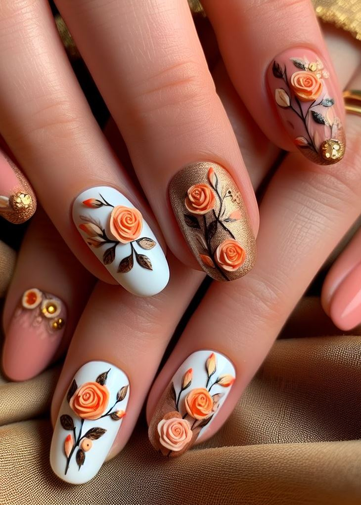 Skip the Boring! Stunning Rose Nail Art Ideas | Pocoko Neon peach tips on a nude pink base? Yes, please! Add a tiny stud for extra posh vibes. These nails say, ‘I’m here to slay, darling!’