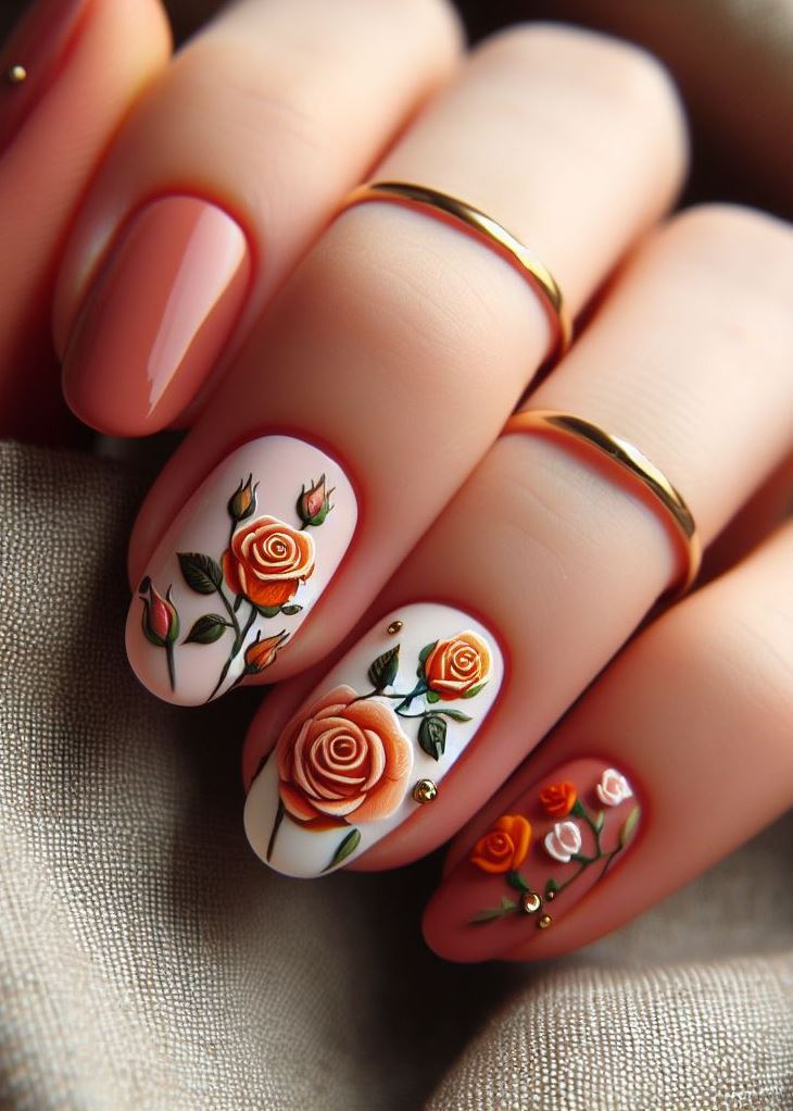 Skip the Boring! Stunning Rose Nail Art Ideas | Pocoko Sugar rush alert! Short nails painted in peachy pink ombré, topped with glitter. It’s like dessert for your fingertips—indulge guilt-free!