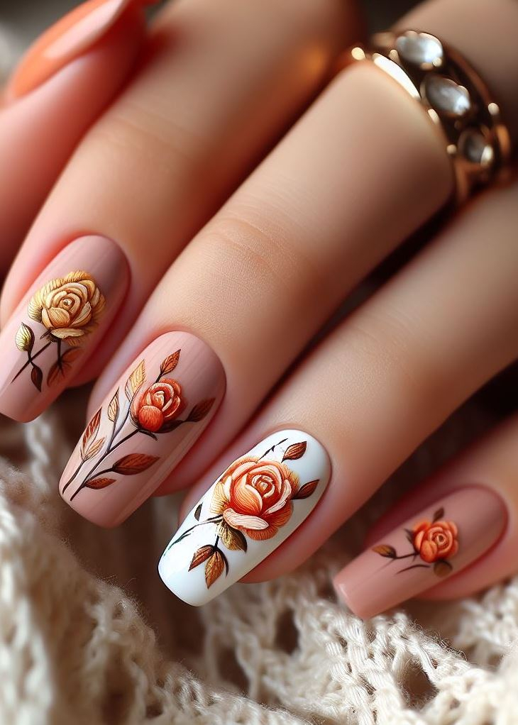 Skip the Boring! Stunning Rose Nail Art Ideas | Pocoko Mix 3D water droplets, fun patterns, and a giant peach fruit on pink, peach, and taupe nails. Refreshing and juicy—just like biting into a ripe peach!