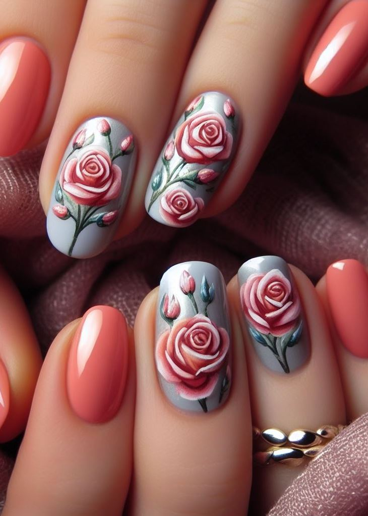 Skip the Boring! Stunning Rose Nail Art Ideas | Pocoko Classic peach ombré for the elegant soul. Mid-length stiletto nails that say, ‘I’m sweet, but I’ve got sass.’ Perfect for brunch or boardroom.