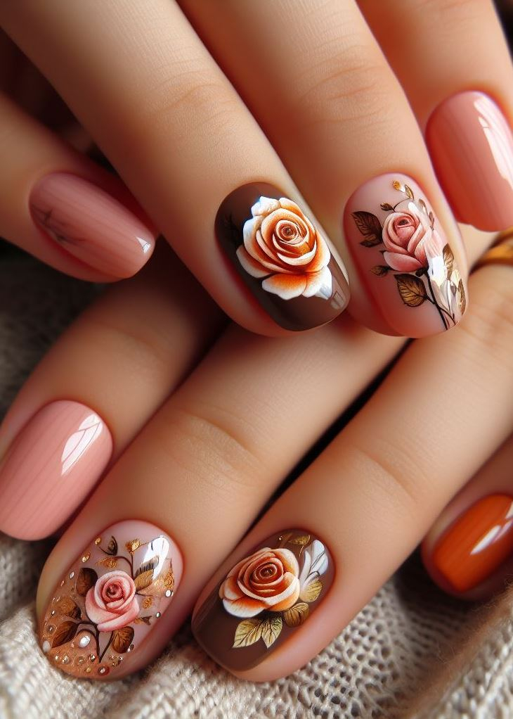 Skip the Boring! Stunning Rose Nail Art Ideas | Pocoko Matte stiletto nails in light peach, with hand-painted peach fruits on the ring finger. The middle nail? Warmer peach perfection. It’s summer sophistication served with a side of fun. 🍑