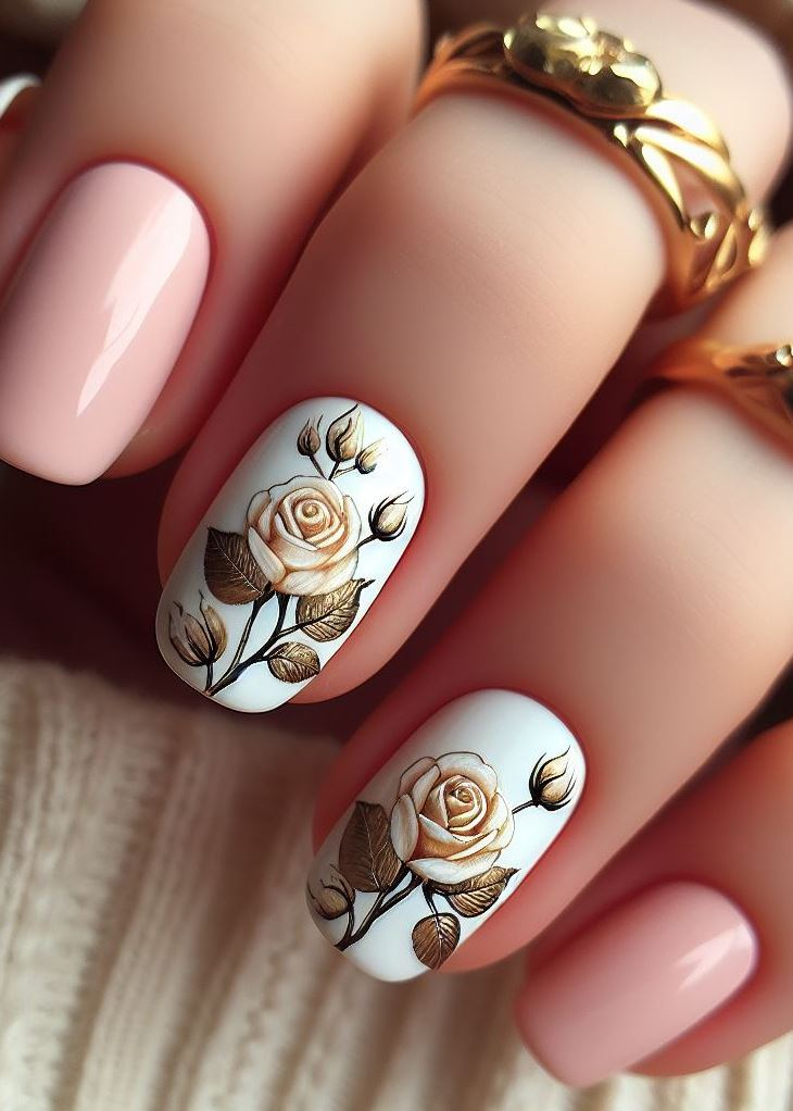 Skip the Boring! Stunning Rose Nail Art Ideas | Pocoko Peach and frost collide! Long square nails coated in peach, except for the ring finger—top-coated with bubbly clear glossy manicure mimicking winter frost. Add silver glitter, white florals, and pearls for dreamy vibes.