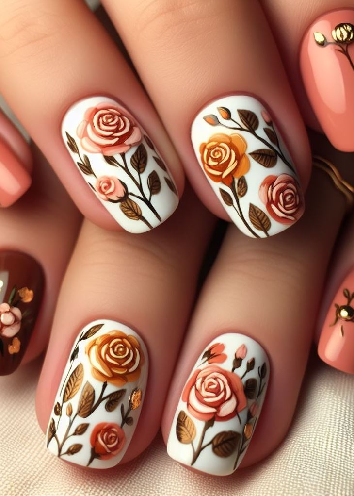 Skip the Boring! Stunning Rose Nail Art Ideas | Pocoko Can’t decide? Have it all! French tips, ombré, and solid peach base. Decorate select nails with multicolored sequins, 3D gold, silver bling, and yellow butterflies. Your nails, your rules! 🦋🍑