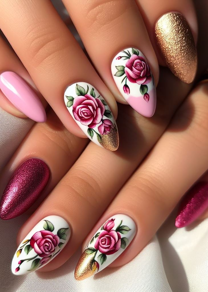Skip the Boring! Stunning Rose Nail Art Ideas | Pocoko “Lace and Roses”: Apply a lace-patterned overlay in white over your pink nails, leaving space for delicate rose decals. Feminine and chic!