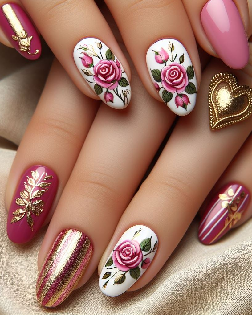 Skip the Boring! Stunning Rose Nail Art Ideas | Pocoko “Blooming French Mani”: Reverse the French manicure by painting the tips pink and adding white rose details. It’s like carrying a bouquet wherever you go! 🌷