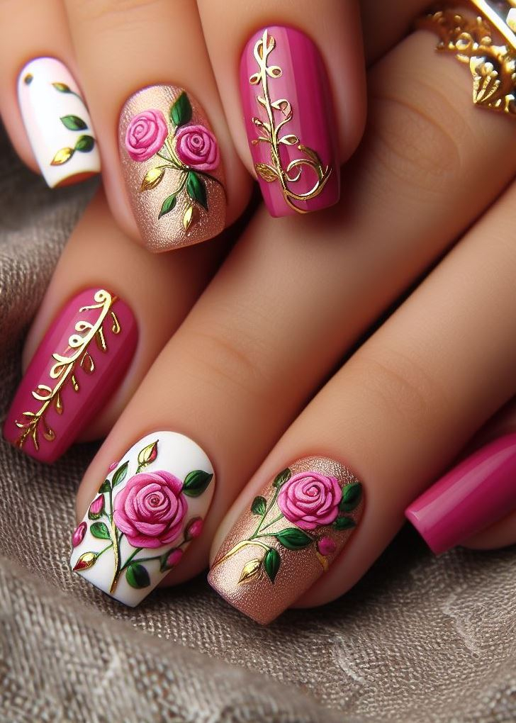 Skip the Boring! Stunning Rose Nail Art Ideas | Pocoko “Vintage Rose Garden”: Matte pink nails adorned with dainty white roses—channel your inner Victorian lady with this timeless look.