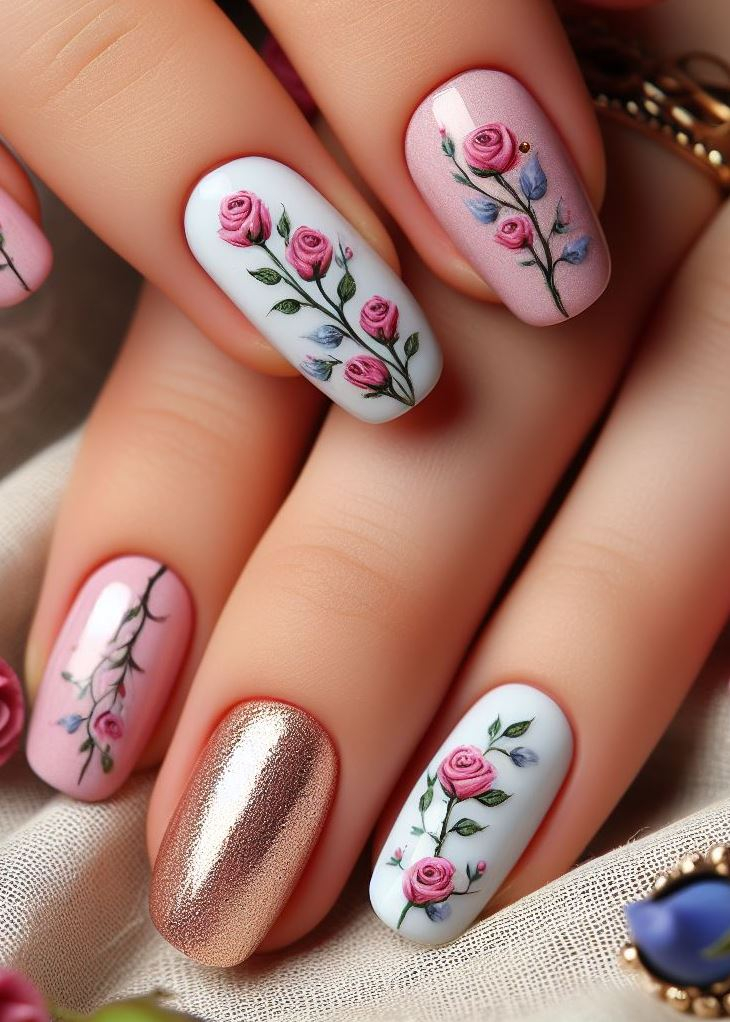 Skip the Boring! Stunning Rose Nail Art Ideas | Pocoko “Rose Gold Romance”: Paint your nails a soft rose gold hue, then add delicate white rose decals. It’s elegance with a modern twist! 💖