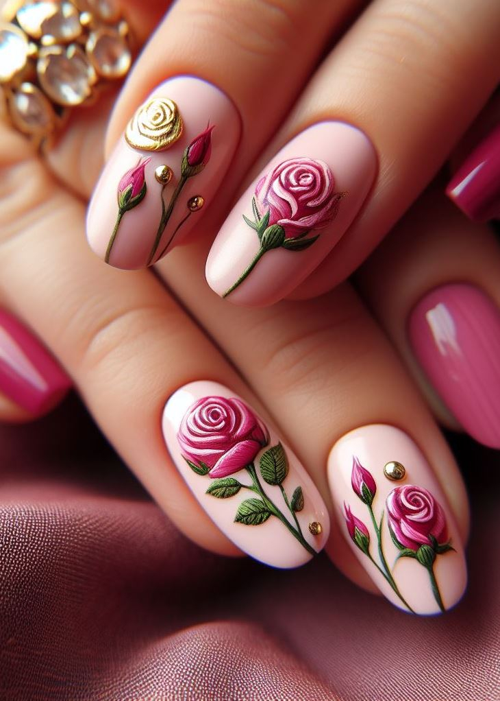 Skip the Boring! Stunning Rose Nail Art Ideas | Pocoko “French Rose Tips”: Classic French tips get a floral upgrade! Replace the white tips with delicate pink roses for a fresh take on a timeless style.